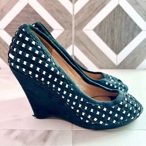Duex lux vintage y2k suede black woven checkered peep toe wedge size 38 black